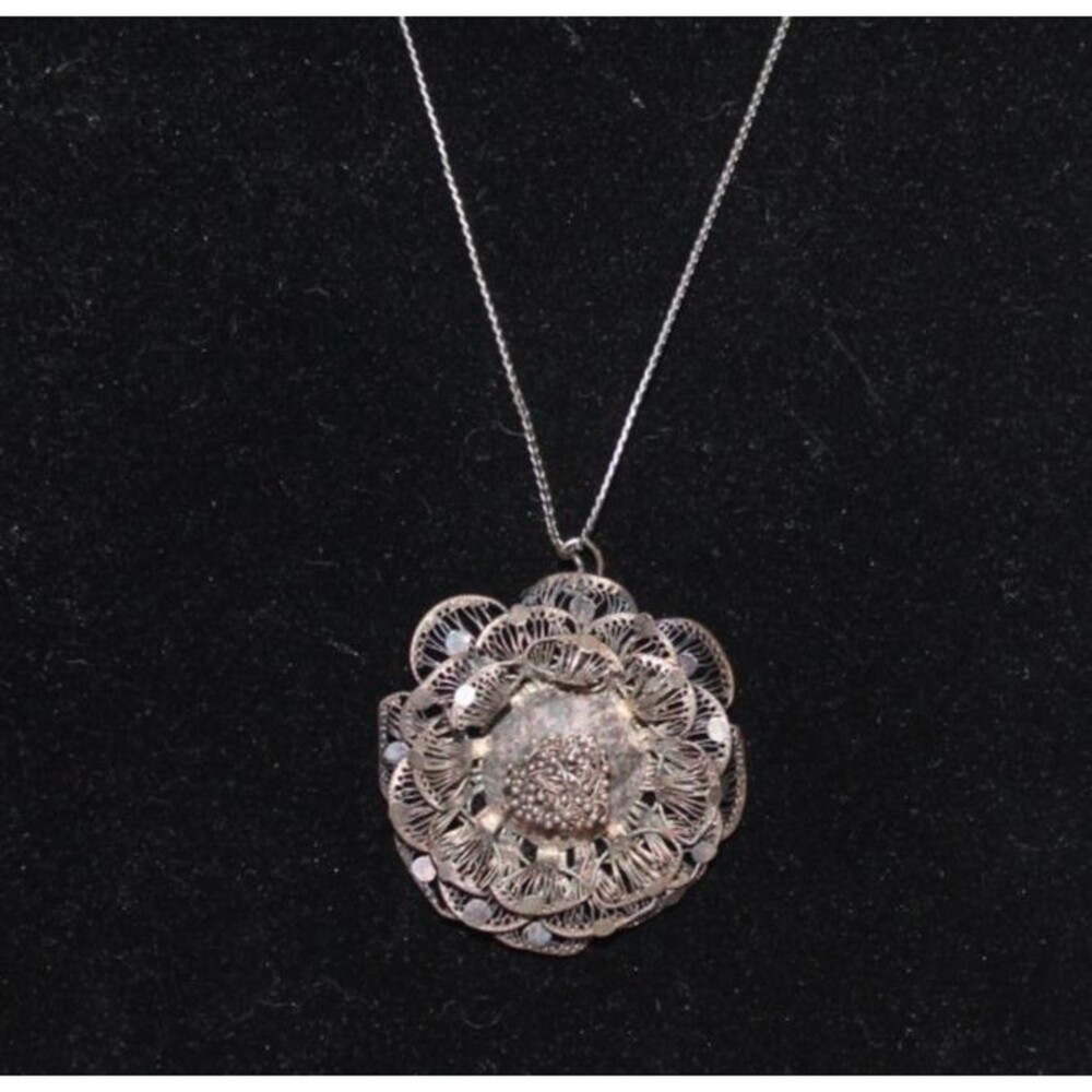 Vintage Ornate Floral Filigree Pendant Necklace Silver Toned